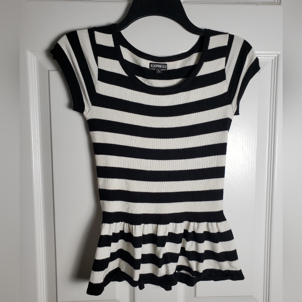 Express Black and White Striped Peplum Top